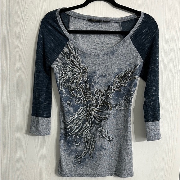 Miss Me Tops - Miss Me Blue Embellished Raglan Blouse